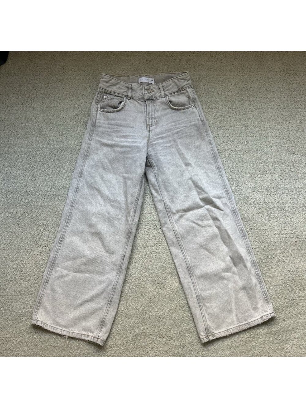 Zara Wide Leg Jeans Girls Tan Adjustable Waist Distress Baggy Denim Pants Sz 10